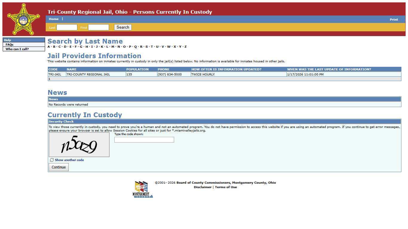 Tri-County Regional Jail, Ohio - Persons Currently In Custody